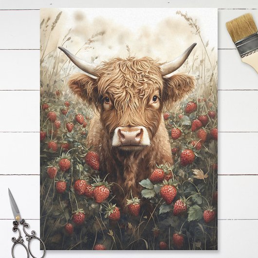 Highland Koe in een aardbeienpleister Decoupage Tissuepapier