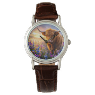 Highland Koe in een bloemenveld Horloge