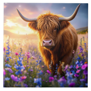 Highland Koe in een bloemenveld Tegeltje