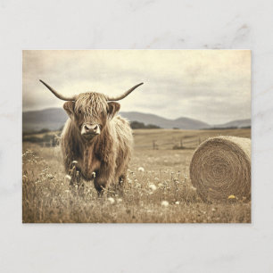 Highland Koe in een Hay Field Vintage Briefkaart