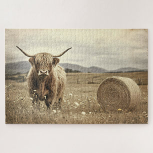 Highland Koe in een Hay Field Vintage Legpuzzel