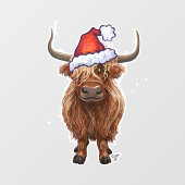 Highland koe in een kerstmuts Christmas Window Cli Raamsticker (Vel)