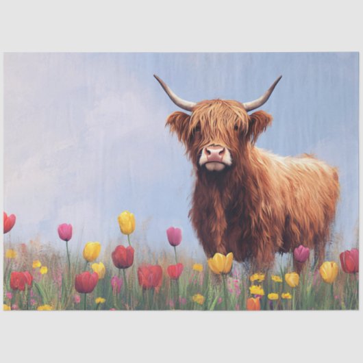 Highland Koe in een veld van tulpen Decoupage Tissuepapier (Voorkant)