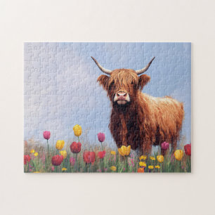Highland Koe in een veld van tulpen Legpuzzel