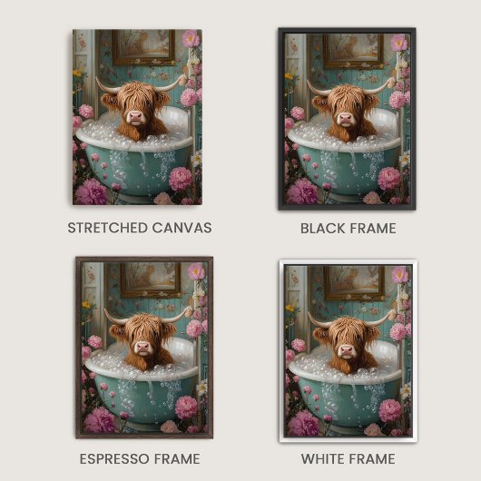 Highland Koe in Floral Bathtub Art Canvas Afdruk