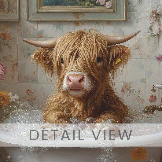 Highland Koe in Floral Bathtub Art Canvas Afdruk
