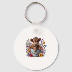 Highland Koe in Flower Bucket Png, Schattige Sleutelhanger