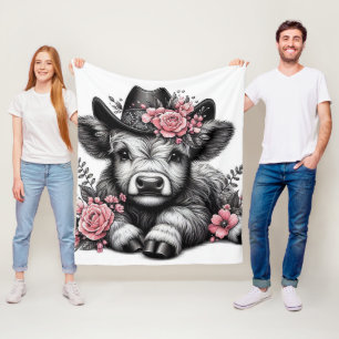 Highland Koe in Pet met bloemendecoratie Fleece Deken
