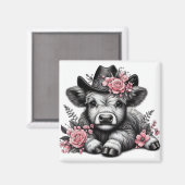 Highland Koe in Pet met bloemendecoratie Magneet (Voorkant / Achterkant)
