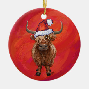Highland koe in Santa Hat op rood Keramisch Ornament