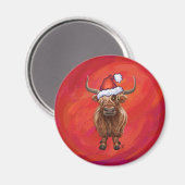 Highland koe in Santa Hat op rood Magneet (Voorkant / Achterkant)