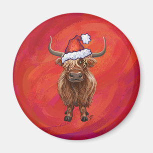 Highland koe in Santa Hat op rood Magneet