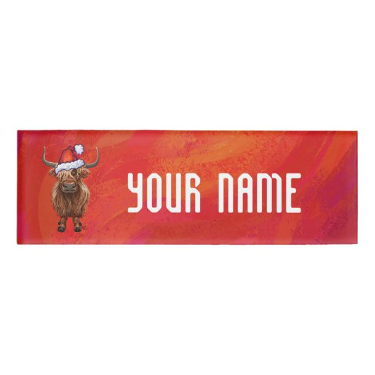 Highland koe in Santa Hat op rood Naambadge (Voorkant)