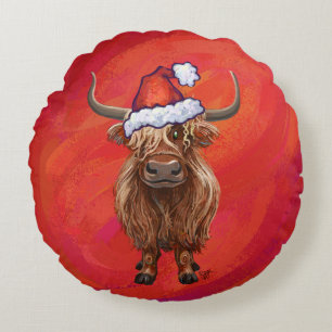Highland koe in Santa Hat op rood Rond Kussen