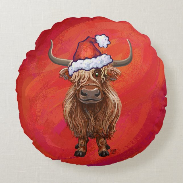 Highland koe in Santa Hat op rood Rond Kussen (Voorkant)