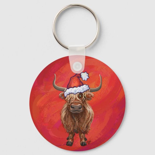 Highland Koe in Santa Hat op rood Sleutelhanger (Voorkant)