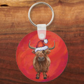 Highland Koe in Santa Hat op rood Sleutelhanger (Voorkant)