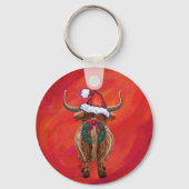 Highland Koe in Santa Hat op rood Sleutelhanger (Achterkant)