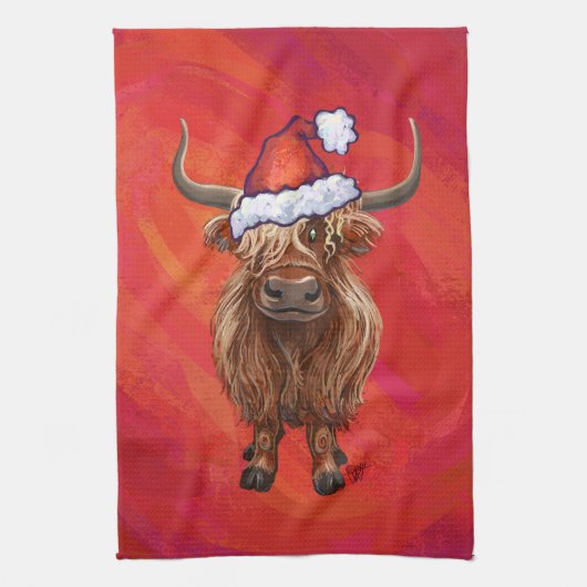 Highland koe in Santa Hat op rood Theedoek (Verticaal)