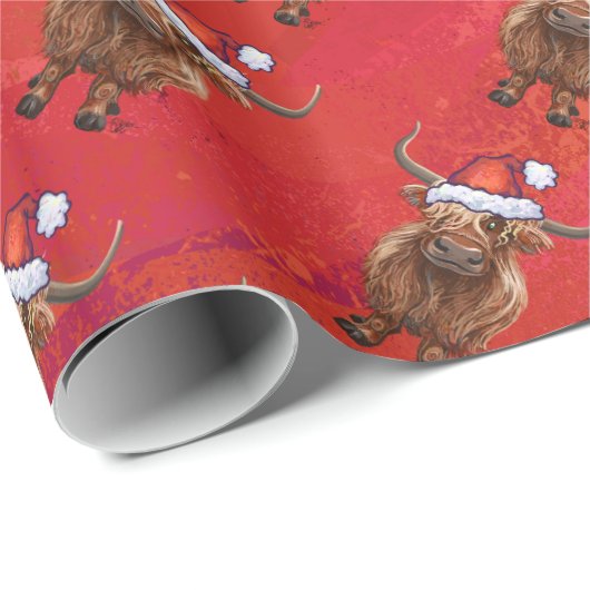 Highland koe in Santa Hat Patroon op Rood Cadeaupapier (Rol Hoek)