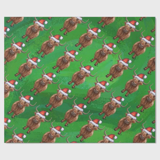 Highland Koe in Santa Hat Pattern op groen Cadeaupapier (Vlak)