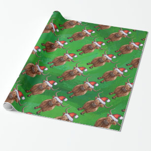 Highland Koe in Santa Hat Pattern op groen Cadeaupapier