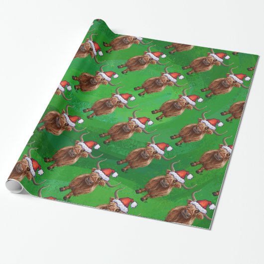 Highland Koe in Santa Hat Pattern op groen Cadeaupapier (Uitgerold)