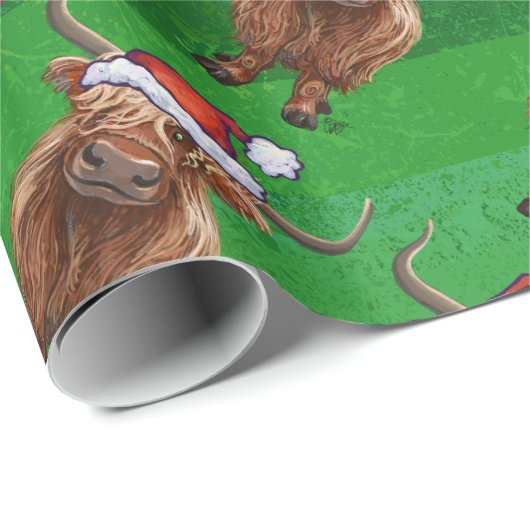 Highland Koe in Santa Hat Pattern op groen Cadeaupapier (Rol Hoek)