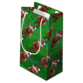 Highland Koe in Santa Hat Pattern op groen Klein Cadeauzakje (Achterkant Gekanteld)