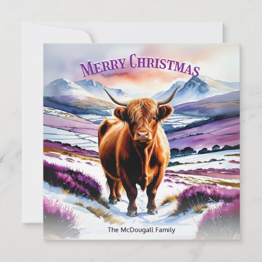 Highland Koe in Snow Waterverf Custom Christmas Feestdagenkaart (Voorkant)