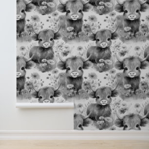 Highland Koe in Wilde Bloemen Grijswaarden Behang