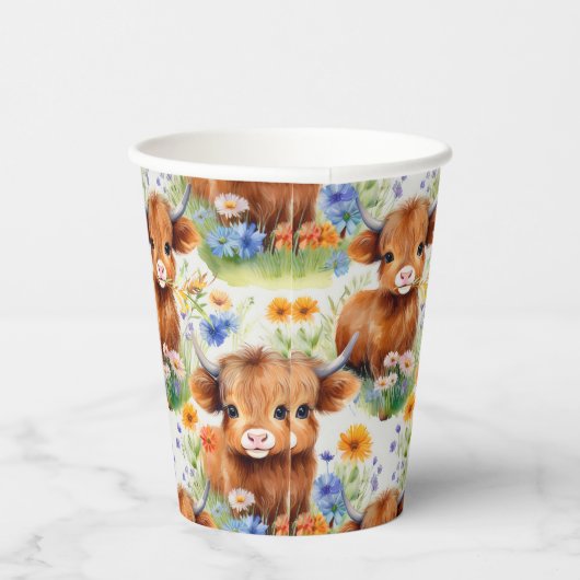 Highland Koe in wilde bloemen Papieren Bekers (Rechts)