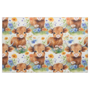 Highland Koe in wilde bloemen Stof