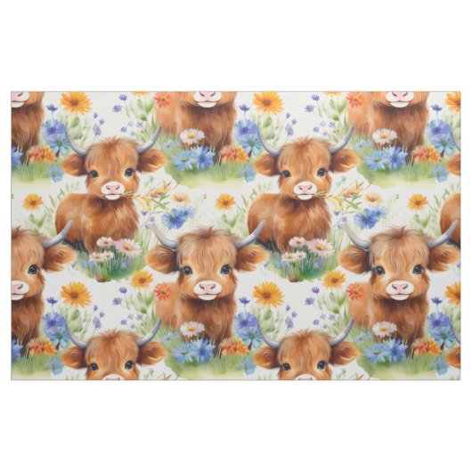 Highland Koe in wilde bloemen Stof (Fat Quarter)