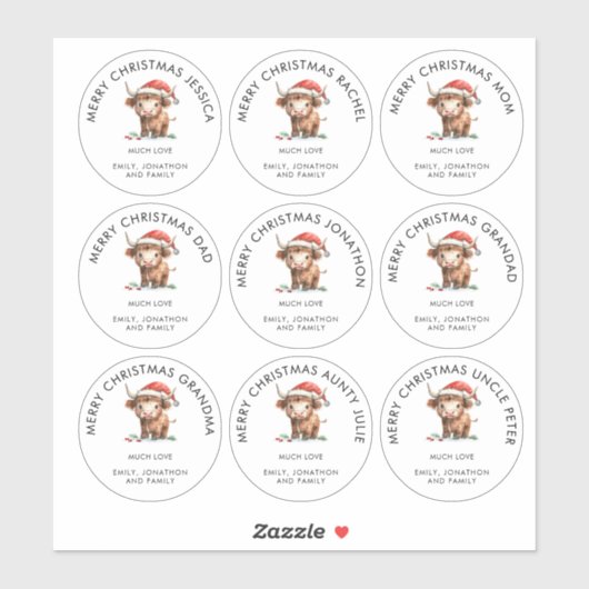 Highland Koe Individuele Namen Vrolijk Kerstfeest Sticker (Vel)