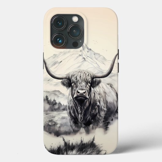 Highland Koe iPhone Case met Majestic Mountains (Achterkant)