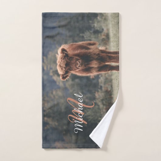 Highland koe kalf herfstgras monogram initiaal bad handdoek (Handdoek)