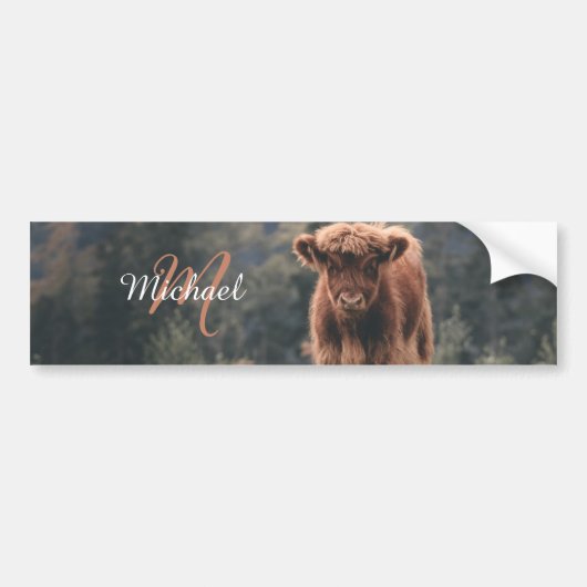 Highland koe kalf herfstgras monogram initiaal bumpersticker (Voorkant)