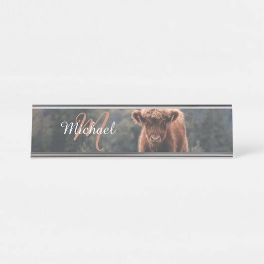 Highland koe kalf herfstgras monogram initiaal bureau naambordje (Voorkant)