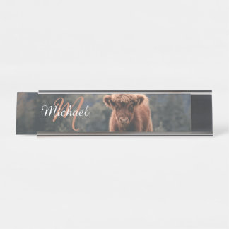 Highland koe kalf herfstgras monogram initiaal bureau naambordje