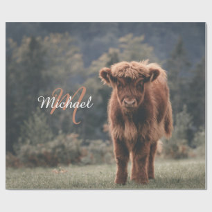 Highland koe kalf herfstgras monogram initiaal cadeaupapier