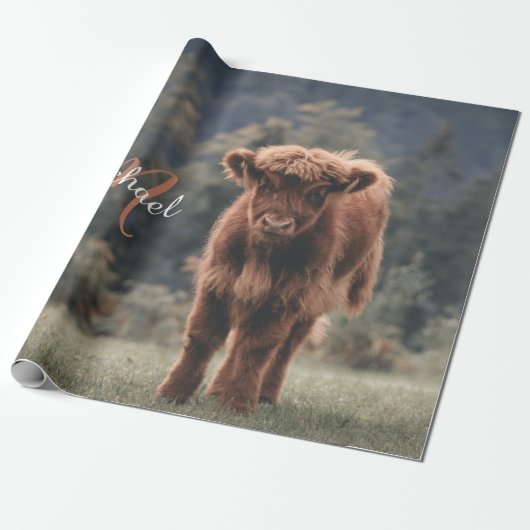 Highland koe kalf herfstgras monogram initiaal cadeaupapier (Uitgerold)