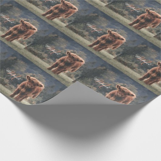 Highland koe kalf herfstgras monogram initiaal cadeaupapier (Hoek)