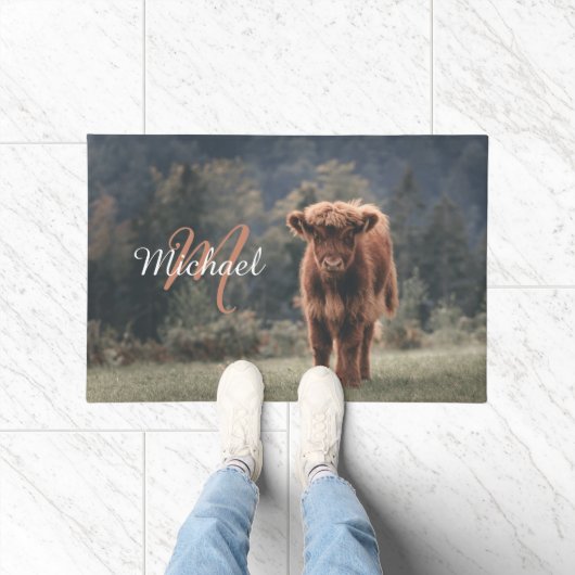 Highland koe kalf herfstgras monogram initiaal deurmat (Binnen)