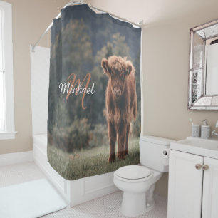 Highland koe kalf herfstgras monogram initiaal douchegordijn