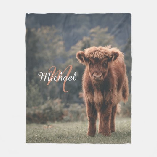 Highland koe kalf herfstgras monogram initiaal fleece deken (Voorkant)