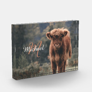 Highland koe kalf herfstgras monogram initiaal fotoblokken