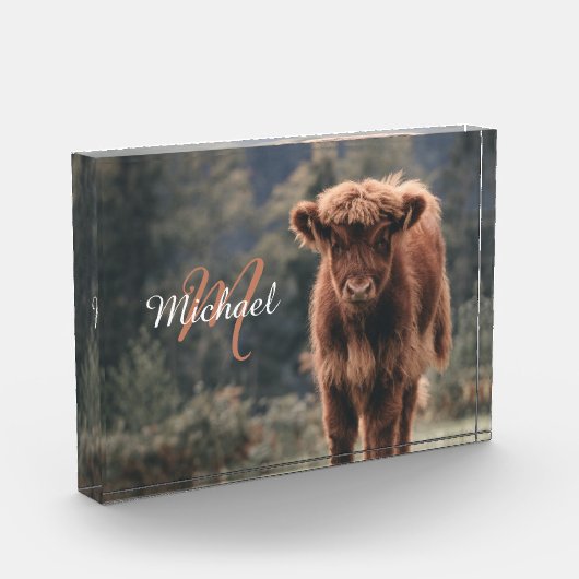 Highland koe kalf herfstgras monogram initiaal fotoblokken (Links)