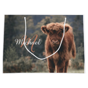 Highland koe kalf herfstgras monogram initiaal groot cadeauzakje