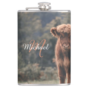 Highland koe kalf herfstgras monogram initiaal heupfles